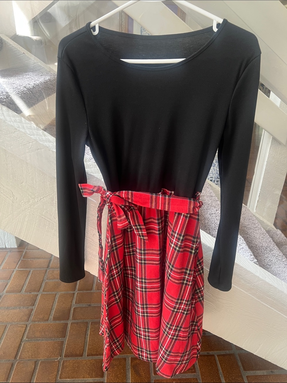 Long Sleeve Two-Tone Dress with Red Plaid Skirt S
